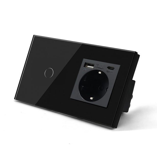 Hiroshi Black Glass EU Socket with USB Ports - Single, Double, Triple Outlets
