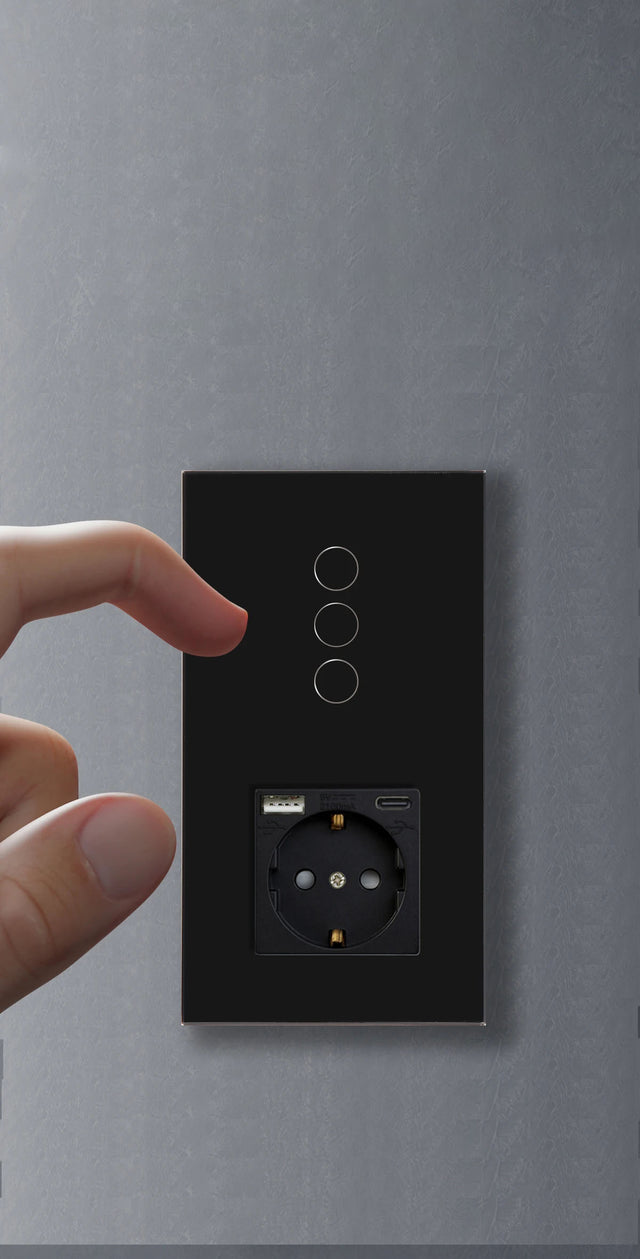 Hiroshi Black Glass EU Socket with USB Ports - Single, Double, Triple Outlets