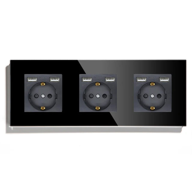 Hiroshi Black Glass EU Socket with USB Ports - Single, Double, Triple Outlets