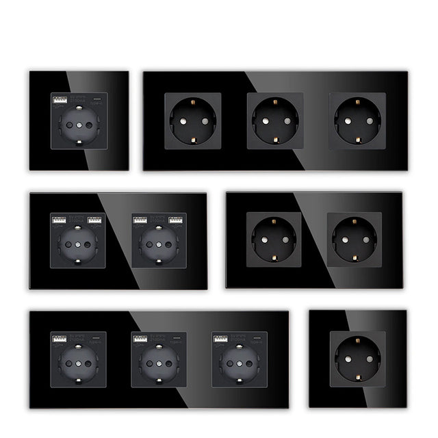 Hiroshi Black Glass EU Socket with USB Ports - Single, Double, Triple Outlets