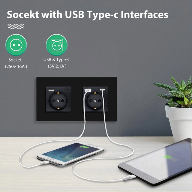 Hiroshi Black Glass EU Socket with USB Ports - Single, Double, Triple Outlets