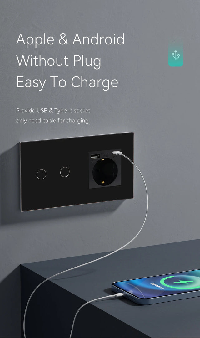 Hiroshi Black Glass EU Socket with USB Ports - Single, Double, Triple Outlets