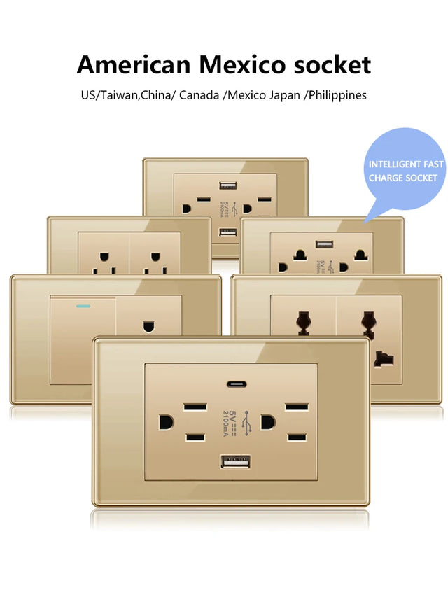 Anya Gold Tempered Glass Dual USB Wall Socket - US/Mexico Standard, Type-C Fast Charging