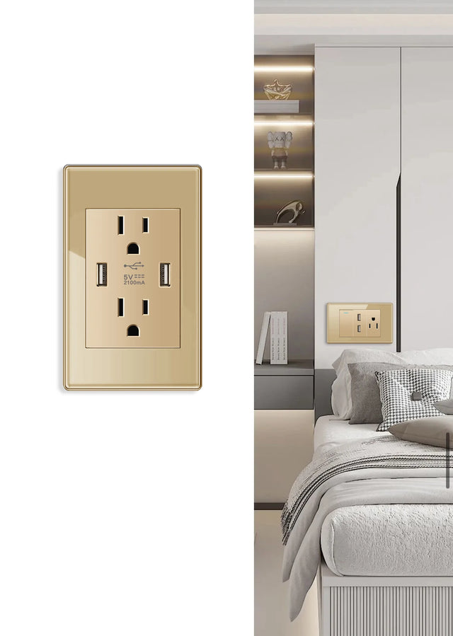 Anya Gold Tempered Glass Dual USB Wall Socket - US/Mexico Standard, Type-C Fast Charging