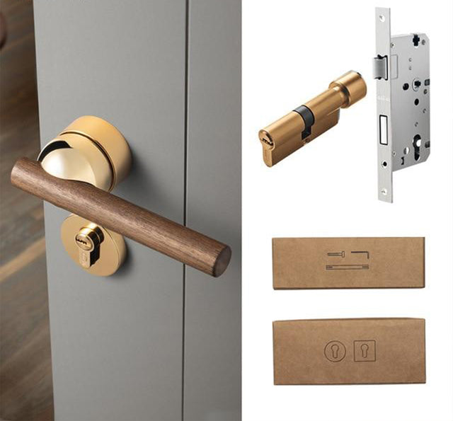 Walnut American Style Door Handle - Light Gold with Lock / 72mm / 55mm - Level Decor