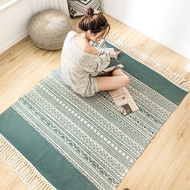 Boho Vintage Cotton and Linen Tassels Floor Rug - moerri / 1200mm x 1700mm - Level Decor