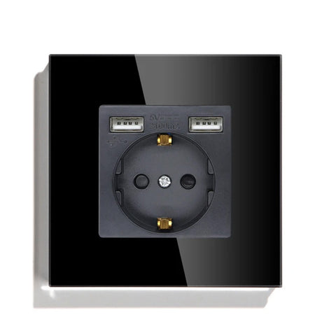 Hiroshi Black Glass EU Socket with USB Ports - Single, Double, Triple Outlets