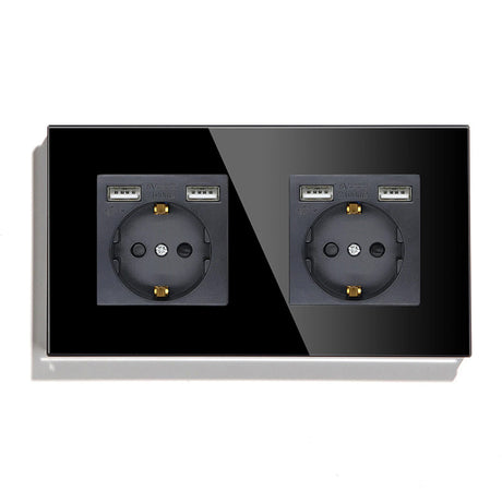 Hiroshi Black Glass EU Socket with USB Ports - Single, Double, Triple Outlets