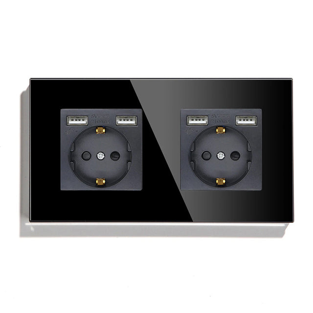 Hiroshi Black Glass EU Socket with USB Ports - Single, Double, Triple Outlets