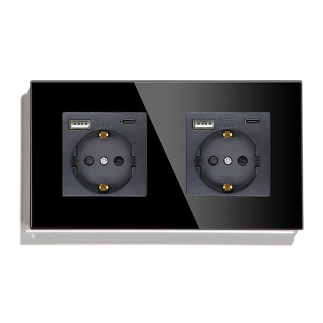 Hiroshi Black Glass EU Socket with USB Ports - Single, Double, Triple Outlets
