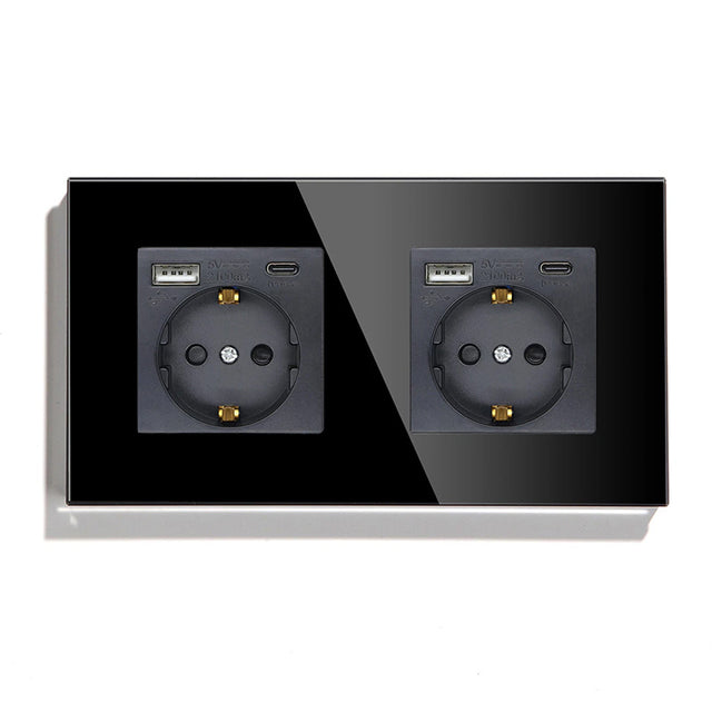 Hiroshi Black Glass EU Socket with USB Ports - Single, Double, Triple Outlets