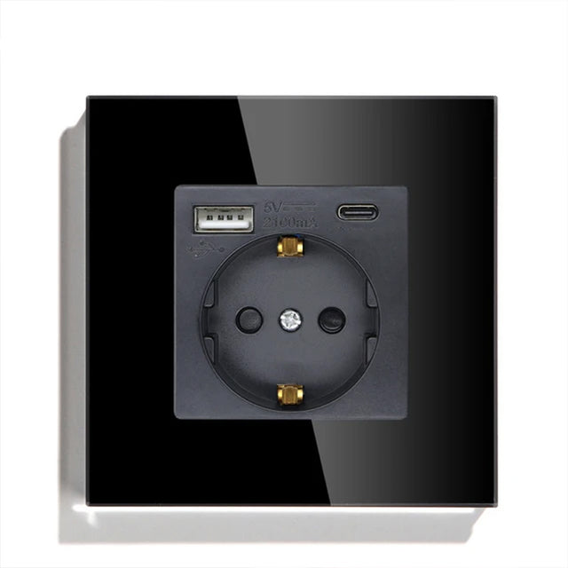 Hiroshi Black Glass EU Socket with USB Ports - Single, Double, Triple Outlets