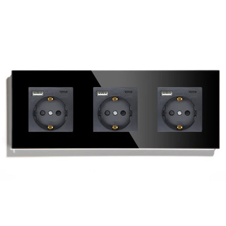 Hiroshi Black Glass EU Socket with USB Ports - Single, Double, Triple Outlets