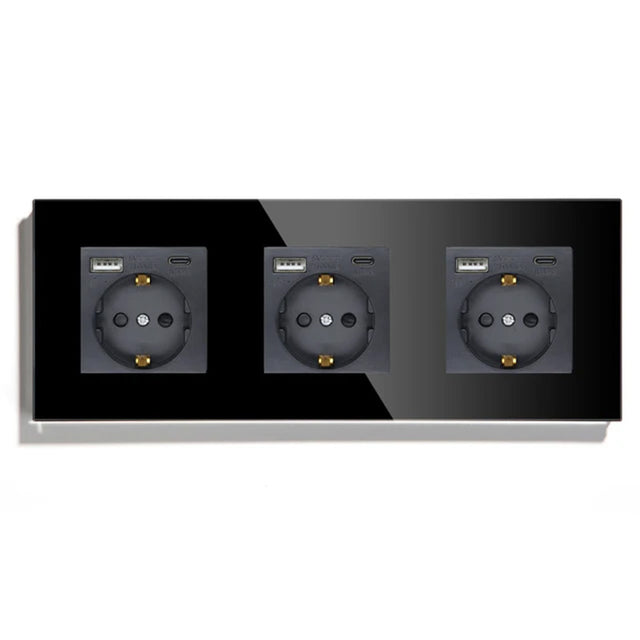 Hiroshi Black Glass EU Socket with USB Ports - Single, Double, Triple Outlets