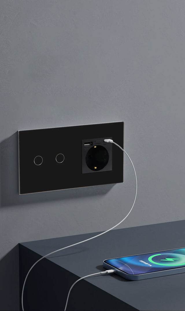 Hiroshi Black Glass EU Socket with USB Ports - Single, Double, Triple Outlets