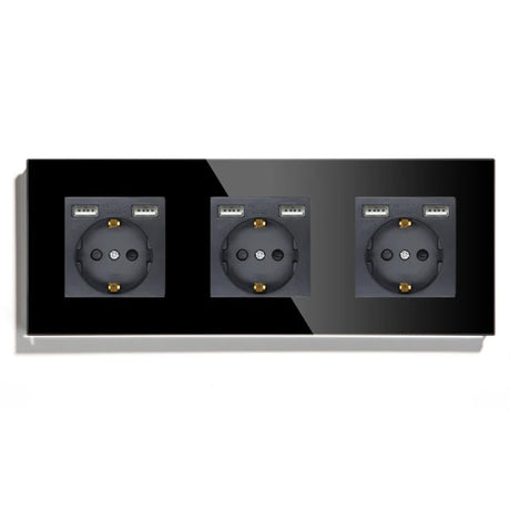 Hiroshi Black Glass EU Socket with USB Ports - Single, Double, Triple Outlets