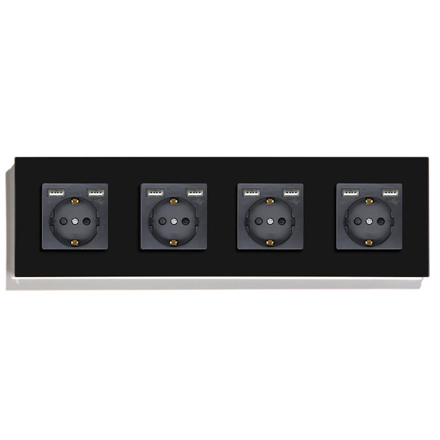 Hiroshi Black Glass EU Socket with USB Ports - Single, Double, Triple Outlets