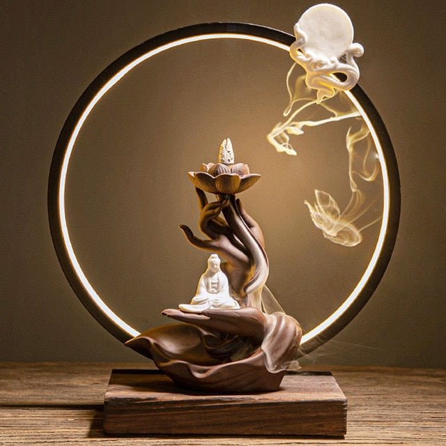 Sela Monk Incense Burner Table Lamp - Brown Monk & Lotus / 17.7" x 3.9" x 15.7" / 45cm x 10cm x 40cm - Level Decor