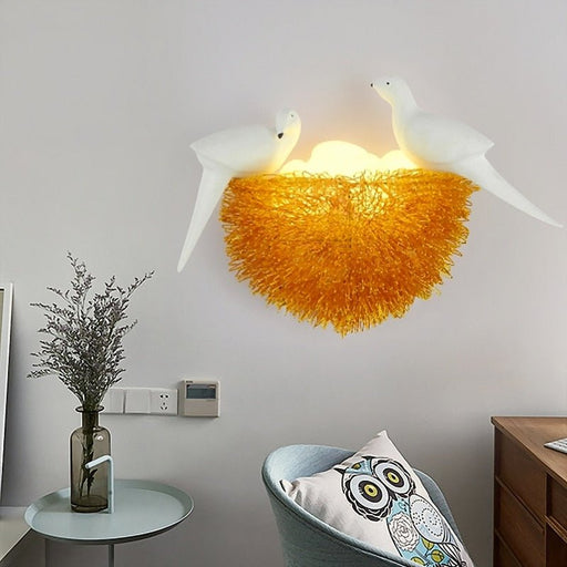 Pavo Wall Lamp - 2 Gold Birds with 4 Eggs - 14.2" x 11" / 36cm x 28cm / Warm White - Level Decor