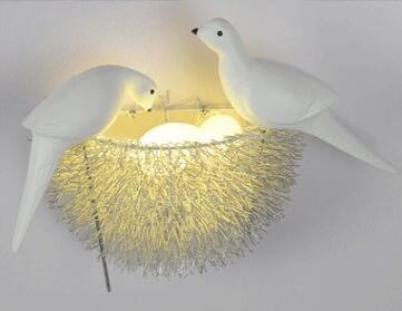Pavo Wall Lamp - 2 Silver Birds with 2 Eggs - 14.2" x 11" / 36cm x 28cm / Warm White - Level Decor
