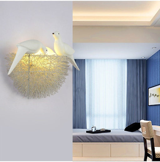Pavo Wall Lamp - 2 Silver Birds with 4 Eggs - 14.2" x 11" / 36cm x 28cm / Warm White - Level Decor