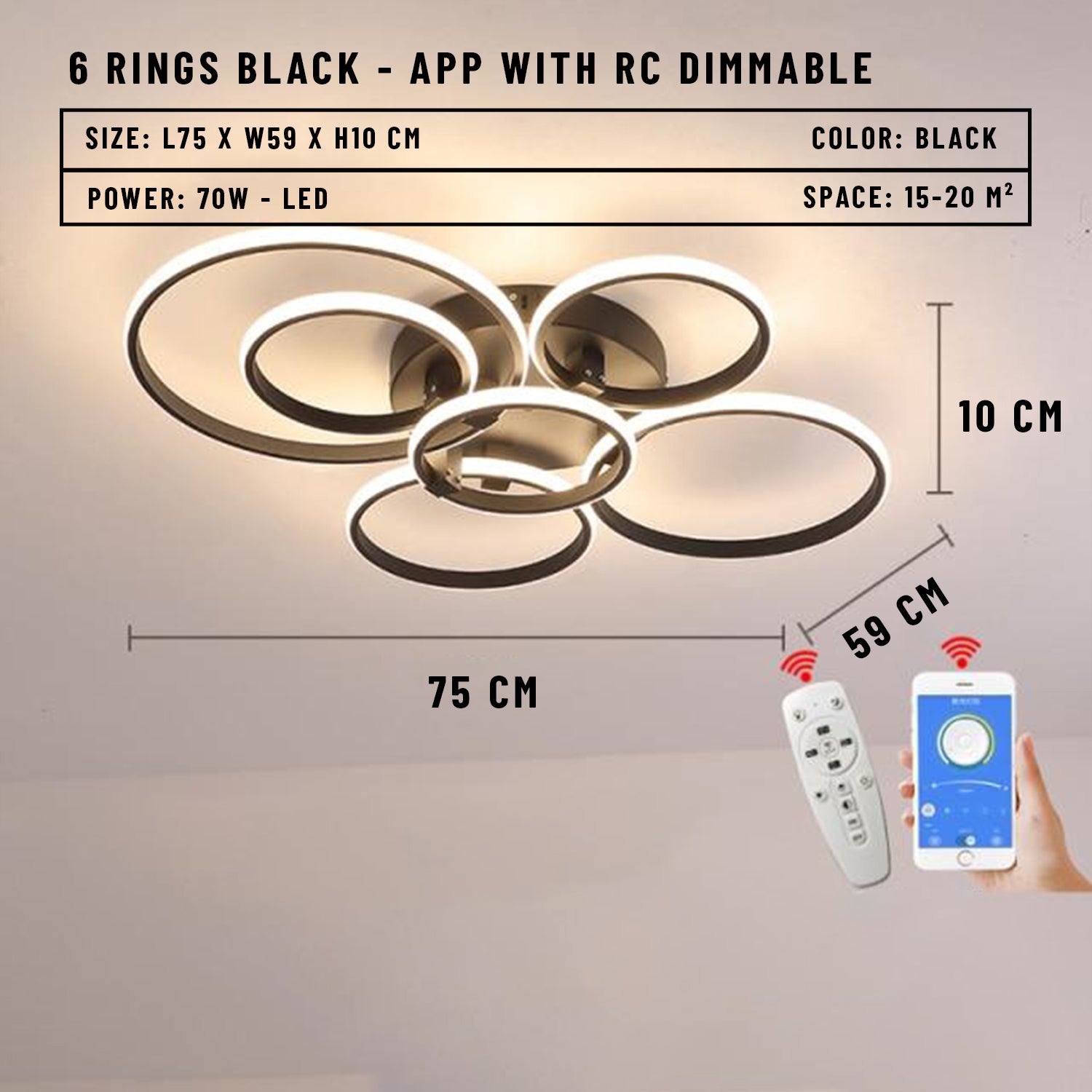 Blastric LED Dimmable Circle Rings Ceiling Light - 6 Rings Black / APP With RC Dimmable - Level Decor