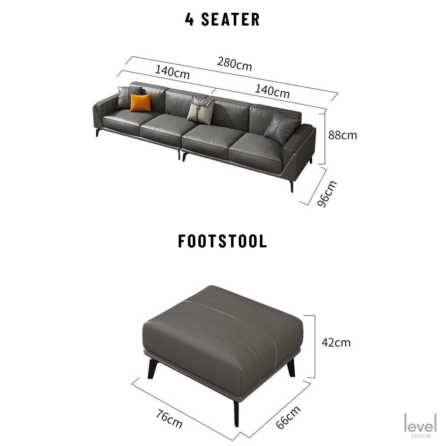 Francesca Neo-modern Genuine Leather Sofa - 4 Seater + Footstool - Level Decor