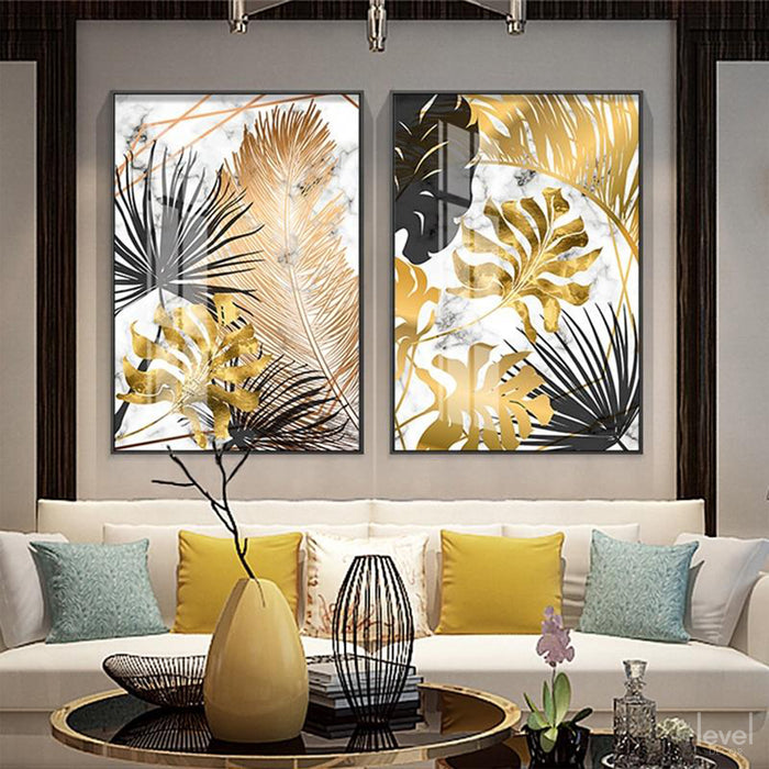 Nordic Golden Abstract Leaf Flower Canvas Painting - Level Decor