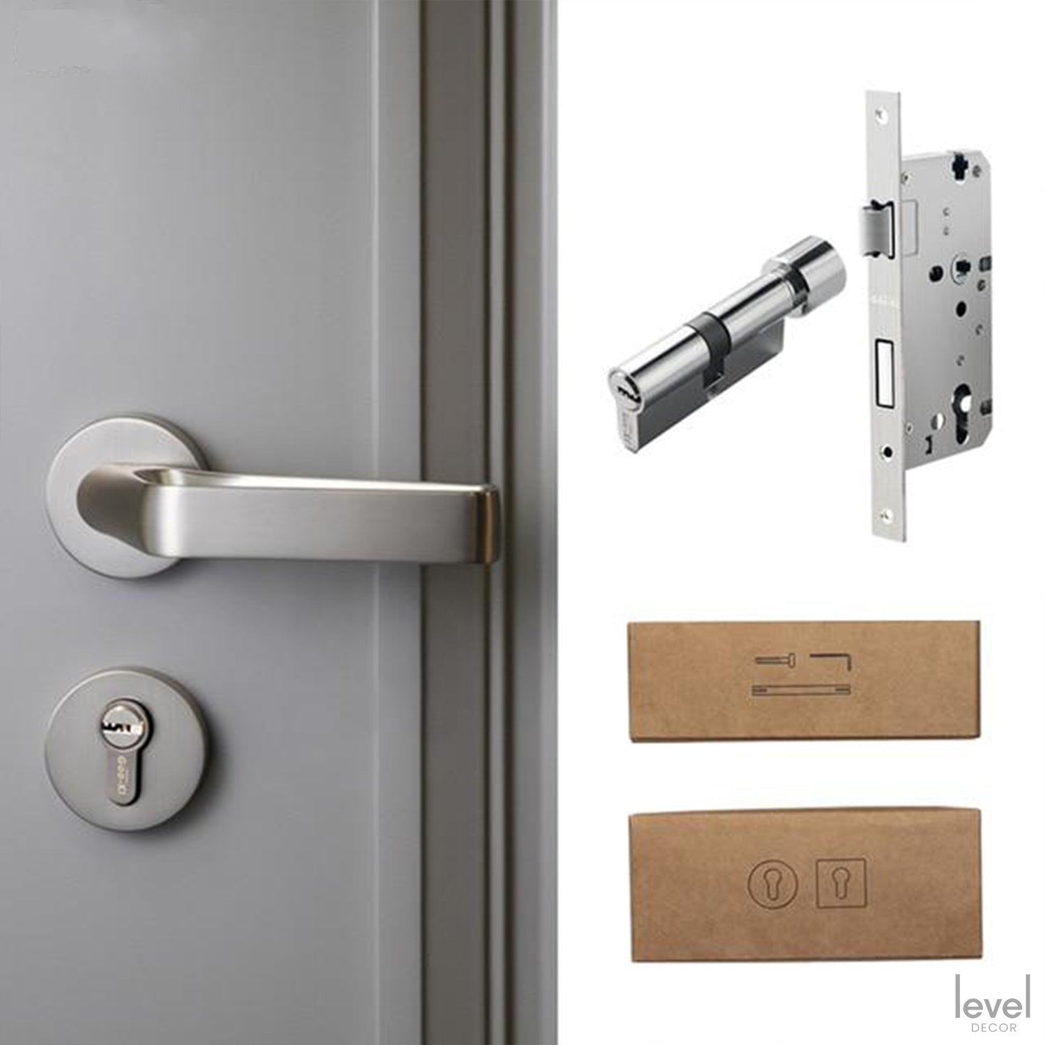 Contemporary Nickel Door Handle - With Lock / 72mm / 50mm - Level Decor