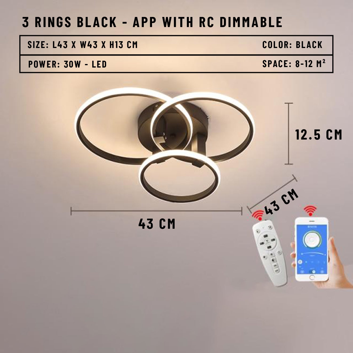 Blastric LED Dimmable Circle Rings Ceiling Light - 3 Rings Black / APP With RC Dimmable - Level Decor