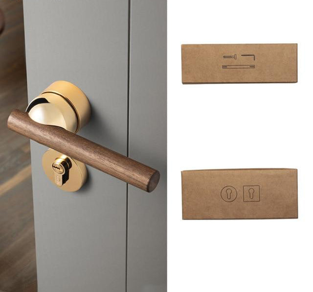 Walnut American Style Door Handle - Light Gold with Dummy Lock / 72mm / 55mm - Level Decor