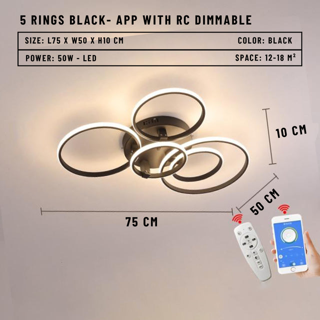 Blastric LED Dimmable Circle Rings Ceiling Light - 5 Rings Black / APP With RC Dimmable - Level Decor