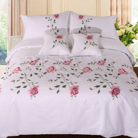 Flowers & Leaves Embroidered Duvet Cover Set - White / King size 6Pcs - Level Decor