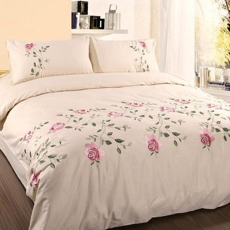 Flowers & Leaves Embroidered Duvet Cover Set - Beige / King size 4Pcs - Level Decor