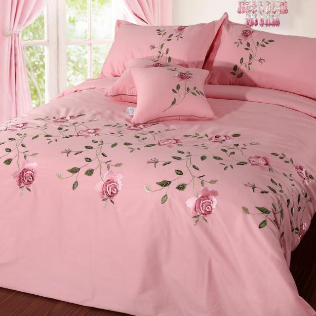Flowers & Leaves Embroidered Duvet Cover Set - Pink / King size 6Pcs - Level Decor