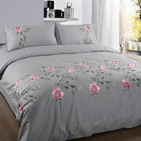 Flowers & Leaves Embroidered Duvet Cover Set - Gray / King size 6Pcs - Level Decor