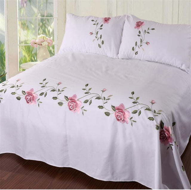 Flowers & Leaves Embroidered Duvet Cover Set - Level Decor