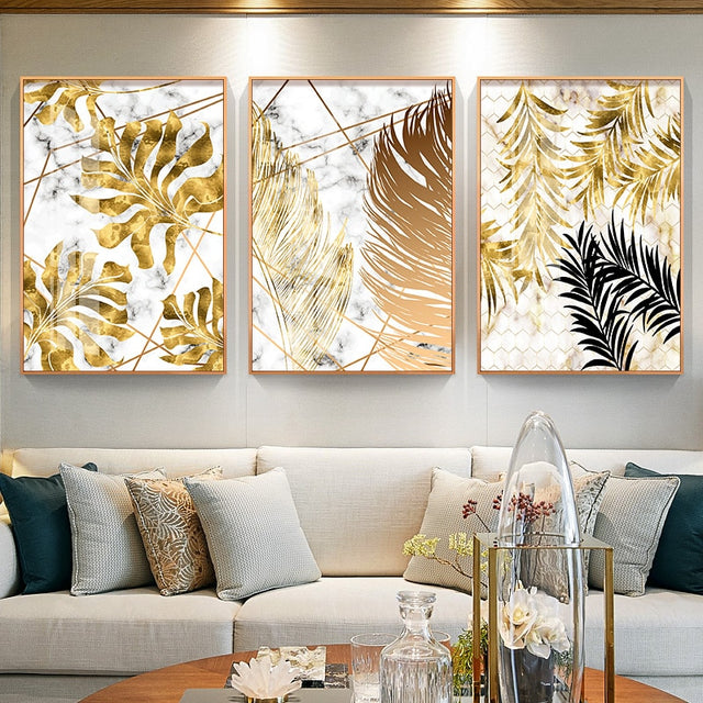 Nordic Golden Abstract Leaf Flower Canvas Painting - Level Decor