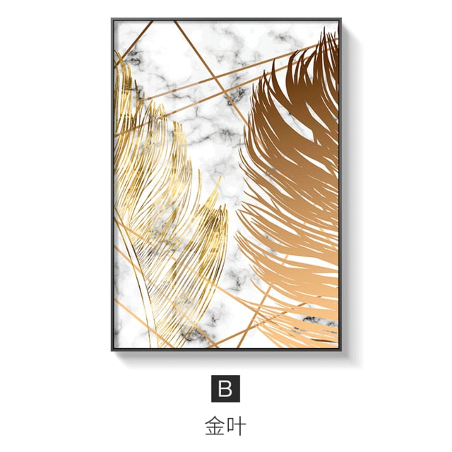 Nordic Golden Abstract Leaf Flower Canvas Painting - 45x60cm (No frame) / B - Level Decor
