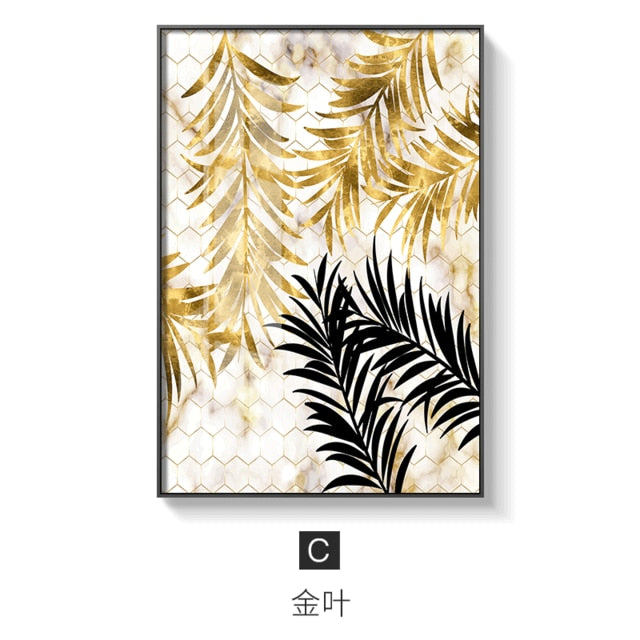 Nordic Golden Abstract Leaf Flower Canvas Painting - 45x60cm (No frame) / C - Level Decor