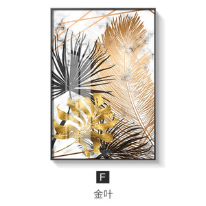 Nordic Golden Abstract Leaf Flower Canvas Painting - 45x60cm (No frame) / E - Level Decor