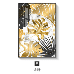 Nordic Golden Abstract Leaf Flower Canvas Painting - 45x60cm (No frame) / F - Level Decor
