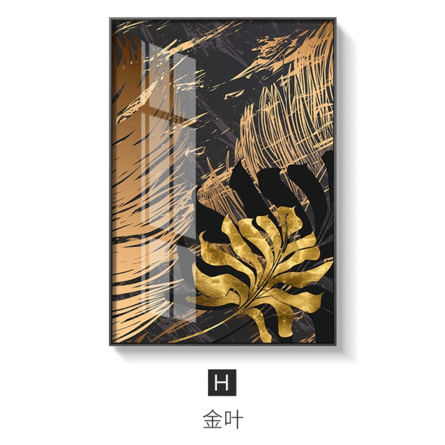 Nordic Golden Abstract Leaf Flower Canvas Painting - 45x60cm (No frame) / H - Level Decor