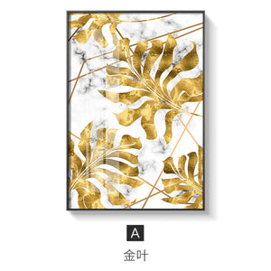 Nordic Golden Abstract Leaf Flower Canvas Painting - 45x60cm (No frame) / A - Level Decor