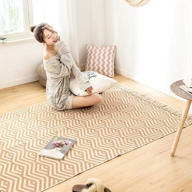 Boho Vintage Cotton and Linen Tassels Floor Rug - yiyun / 1200mm x 1700mm - Level Decor