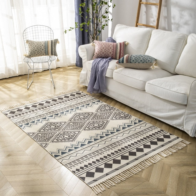 Boho Vintage Cotton and Linen Tassels Floor Rug - yelan / 1200mm x 1700mm - Level Decor