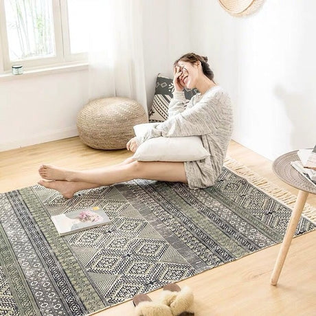 Boho Vintage Cotton and Linen Tassels Floor Rug - heben / 1200mm x 1700mm - Level Decor