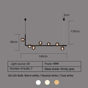 Stylish Metal And Glass Kitchen Island Chandelier Lamp - 140cm smoky gray / warm white - Level Decor