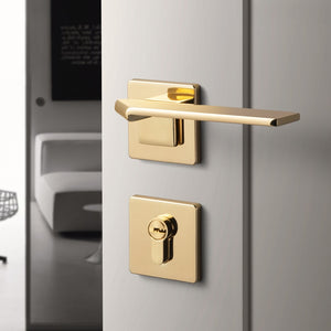 Space Folding Bedroom Door Handle with Lock - Polished Gold / 72mm / 55mm - Level Decor